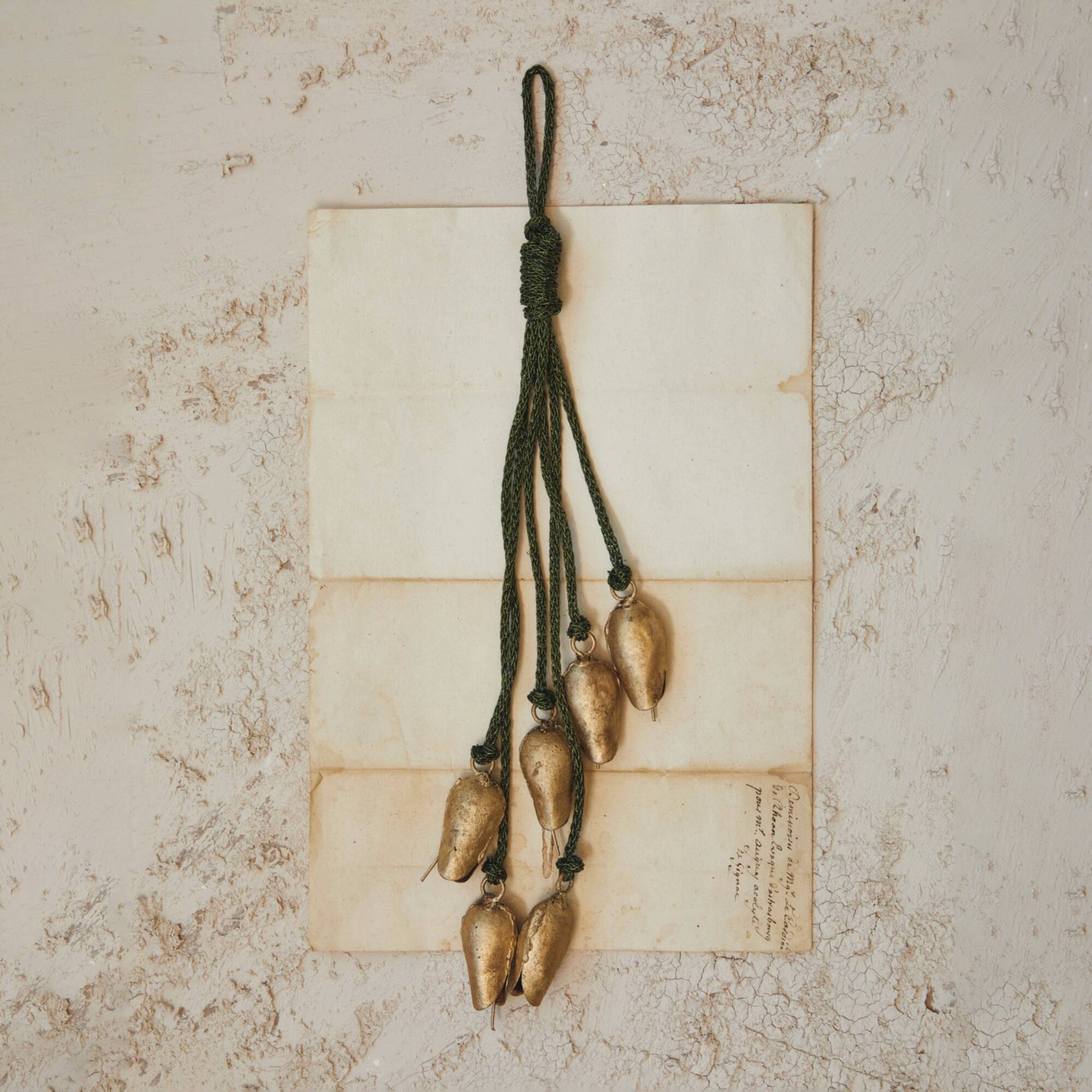 Hello Honey® 16" Antique Gold Hanging Metal Bells with Green Rope Hanger